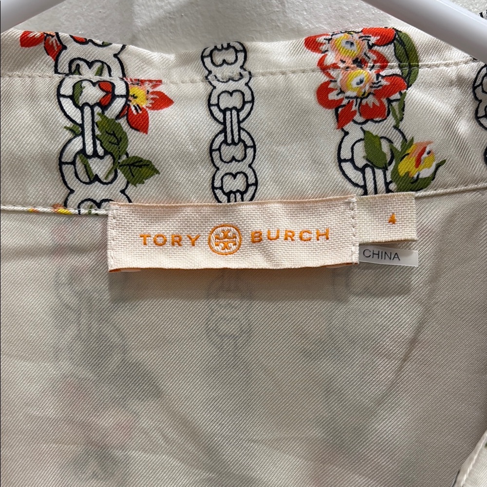 Floral Stripe Button-Up Women’s Top - White with Orange & Green - Picture 2 of 5